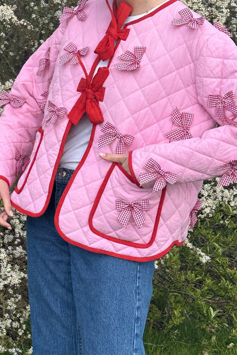 Jaqueta Casual Diária de Cor Sólida com Bolsos e Laço Decorativo com Decote Redondo