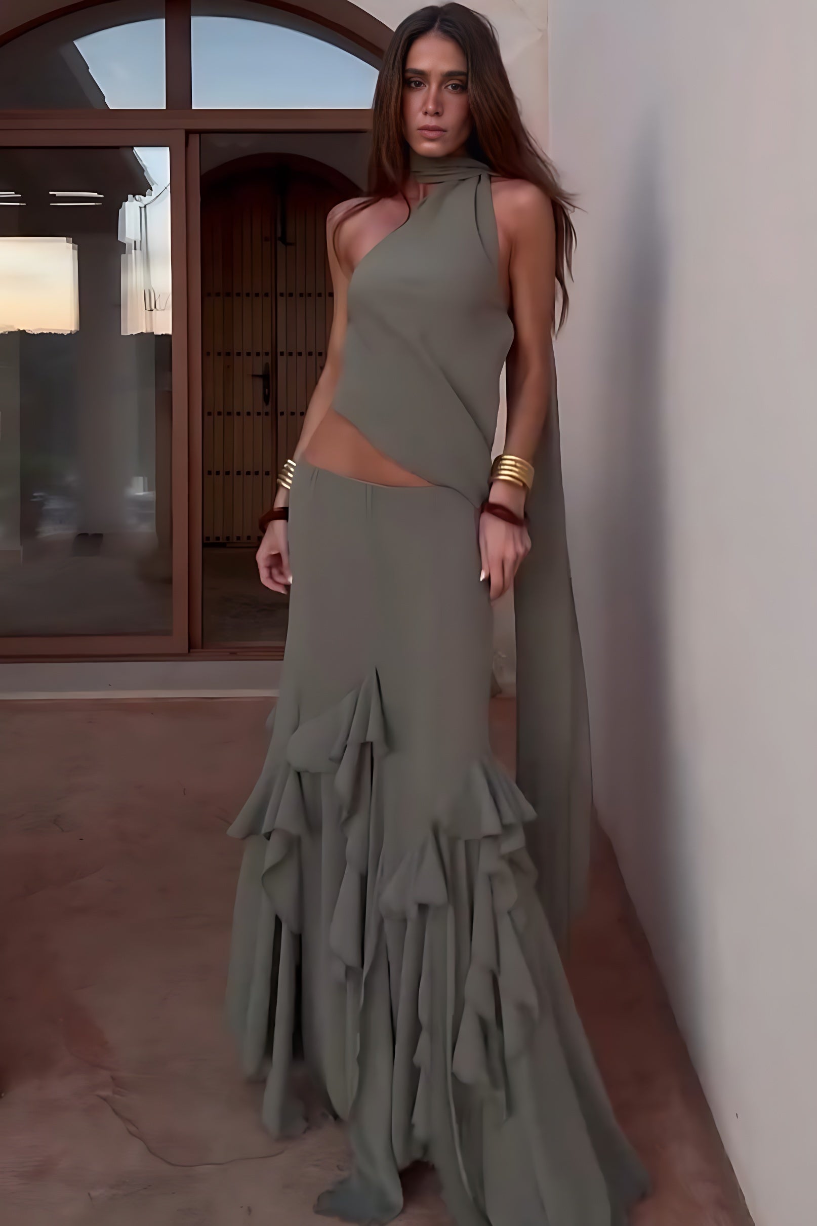 Conjunto Olive Mirage com Saia Draped e Babados