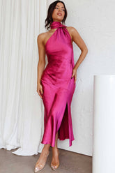 Vestido Midi Nad em Cetim com Decote Halter Drapeado