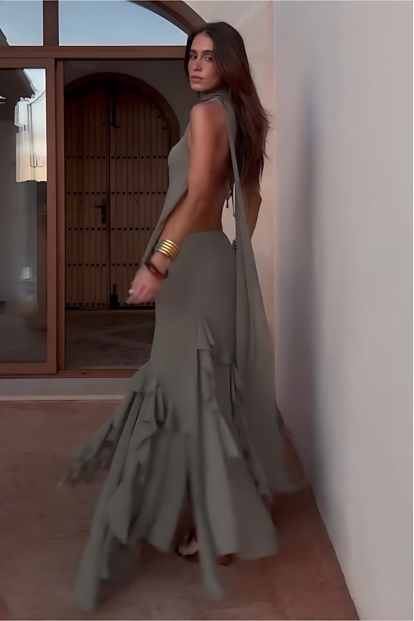 Conjunto Olive Mirage com Saia Draped e Babados