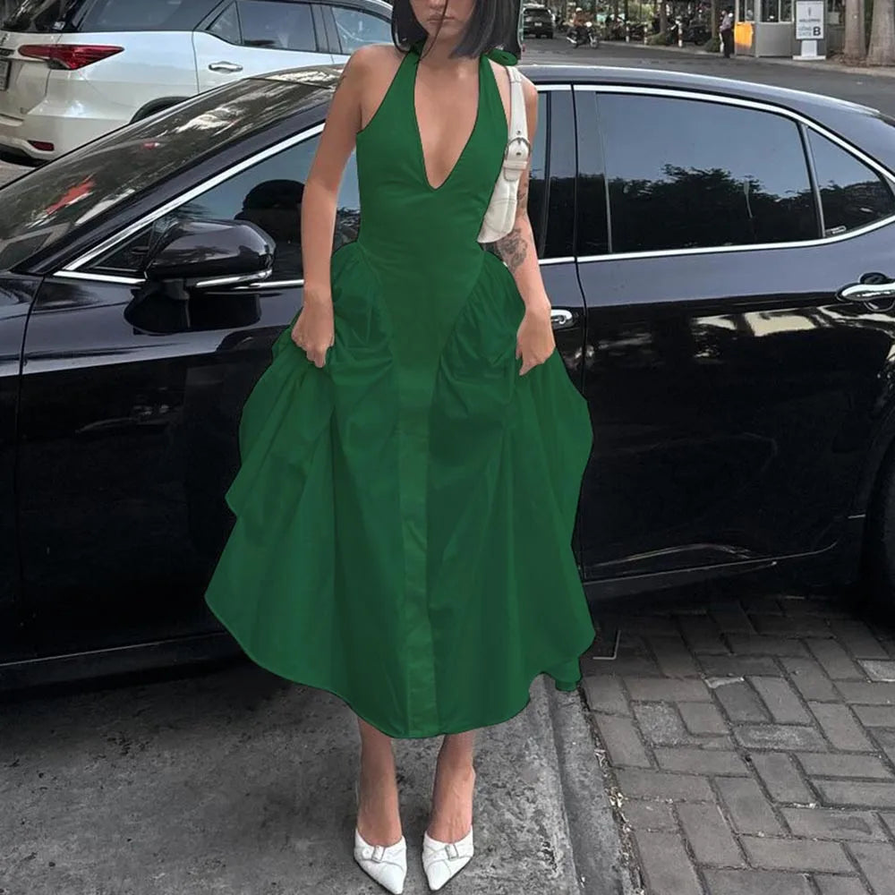 Vestido Feminino Elegante Eudora – Longo Decote Profundo e Costas Nuas