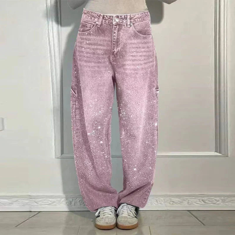 Calça Jeans Feminina Cintura Alta com Strass Luxuosos