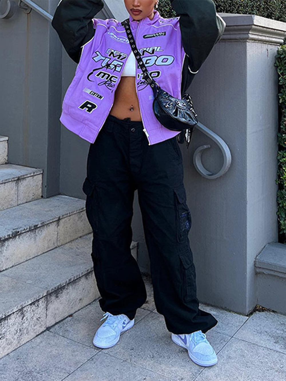 Jaqueta Casual Estampada Solta de Manga Comprida - Lavanda