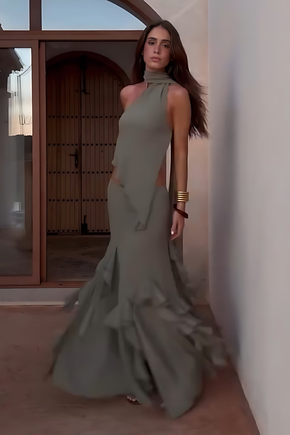 Conjunto Olive Mirage com Saia Draped e Babados