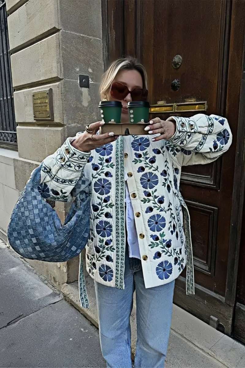 Jaqueta Casual Street com Flores, Laço e Botões em Patchwork com Decote Redondo