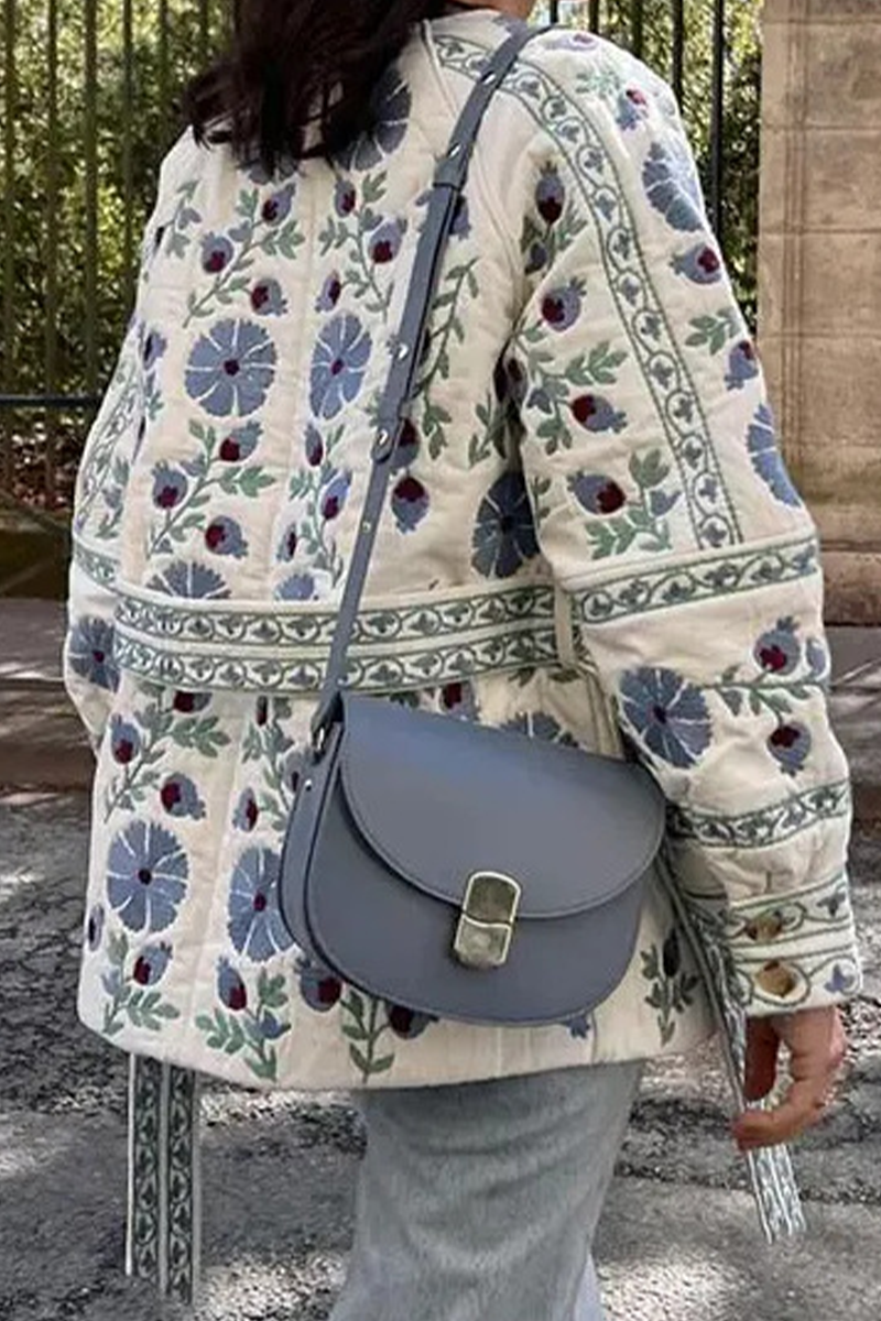 Jaqueta Casual Street com Flores, Laço e Botões em Patchwork com Decote Redondo