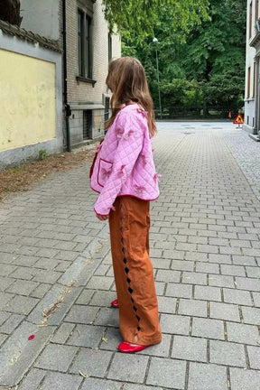 Jaqueta Casual Diária de Cor Sólida com Bolsos e Laço Decorativo com Decote Redondo