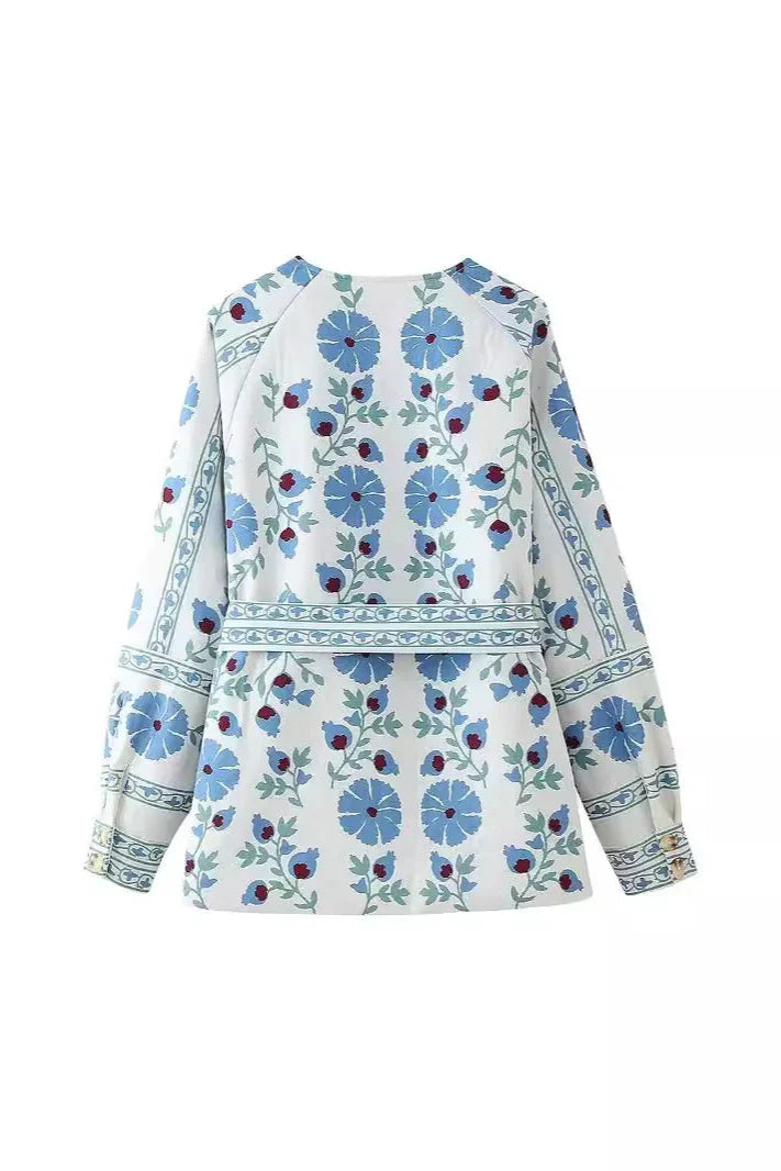 Jaqueta Casual Street com Flores, Laço e Botões em Patchwork com Decote Redondo