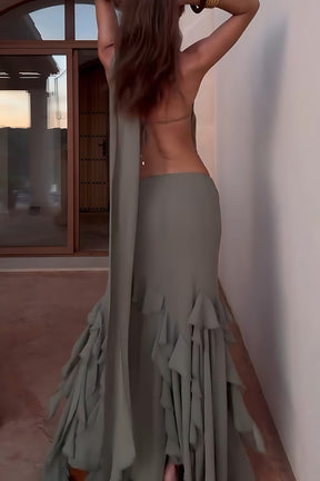 Conjunto Olive Mirage com Saia Draped e Babados