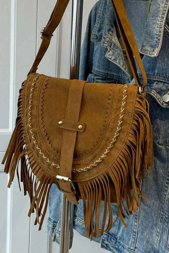 Bolsa Crossbody de Franja Estilo Western Marrom