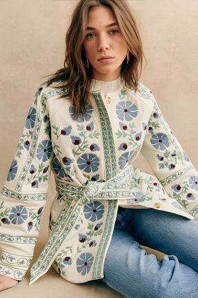 Jaqueta Casual Street com Flores, Laço e Botões em Patchwork com Decote Redondo