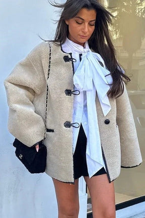 Jaqueta Ampla de Couro de Cordeiro Sintético