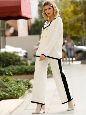 Conjunto Feminino com Casaco Manga Longa com Botões Transpassados e Calça de Cintura Alta - Melinda