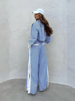 Conjunto Chique de Calça Listrada e Camisa Casual