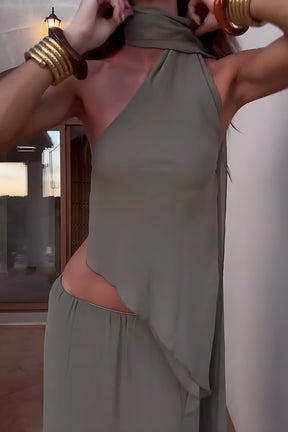 Conjunto Olive Mirage com Saia Draped e Babados