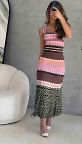 Vestido Longo Tricot Colorido Ice Sem Mangas com Estampa Chevron