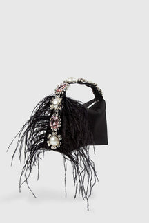 Bolsa Bento de Cetim com Penas e Diamantes