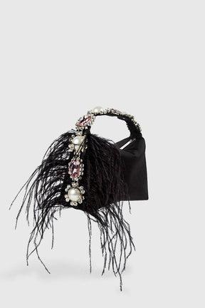 Bolsa Bento de Cetim com Penas e Diamantes