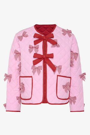 Jaqueta Casual Diária de Cor Sólida com Bolsos e Laço Decorativo com Decote Redondo