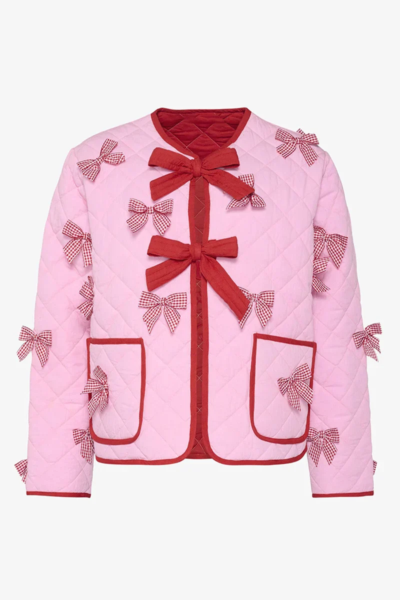 Jaqueta Casual Diária de Cor Sólida com Bolsos e Laço Decorativo com Decote Redondo