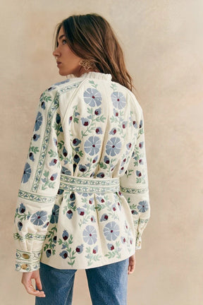 Jaqueta Casual Street com Flores, Laço e Botões em Patchwork com Decote Redondo