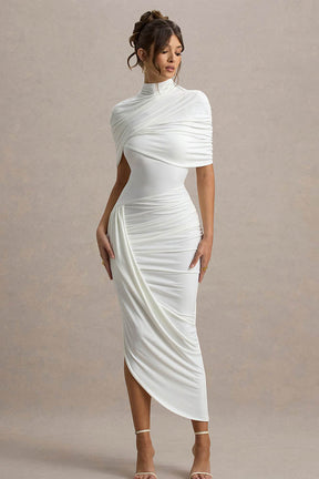 Vestido Midi Cinturado com Detalhe de Drapeado e Costas Nuas