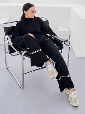 Conjunto Feminino de Tricô com Suéter Mullet Gola Alta e Calça Cintura Alta Confortável - Kim