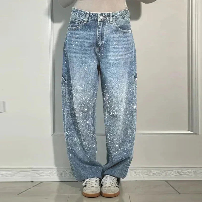 Calça Jeans Feminina Cintura Alta com Strass Luxuosos