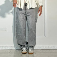 Calça Jeans Feminina Cintura Alta com Strass Luxuosos