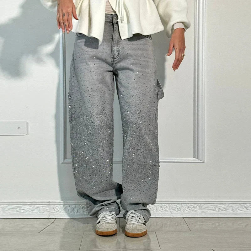 Calça Jeans Feminina Cintura Alta com Strass Luxuosos