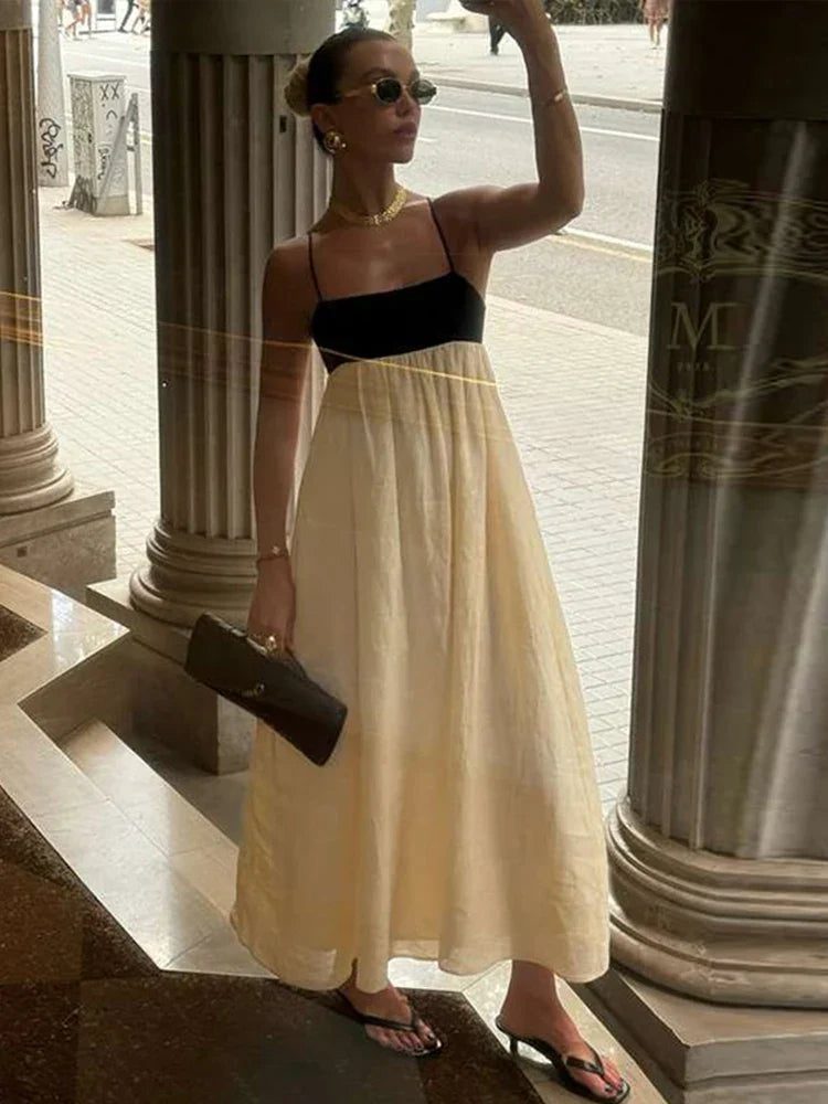 Vestido Feminino Elegante Noelis - Longo Bicolor com Decote Quadrado