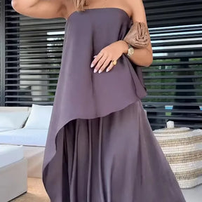 Conjunto Feminino Elegante Calandra – Tom Sólido com Top Tomara-que-Caia Assimétrico e Saia Longa Solta