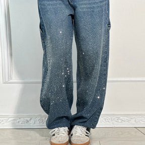 Calça Jeans Feminina Cintura Alta com Strass Luxuosos