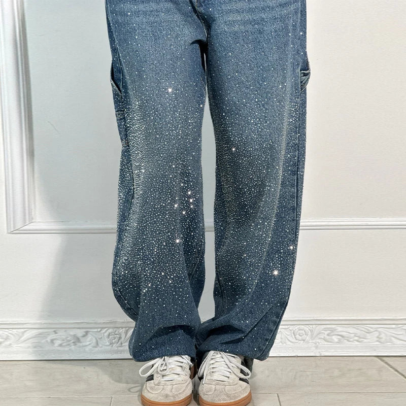 Calça Jeans Feminina Cintura Alta com Strass Luxuosos