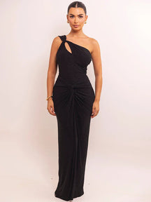 Vestido Longo Elegância Diagonal – Ombro Único e Costas Abertas