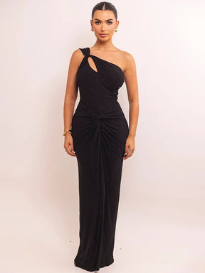 Vestido Longo Elegância Diagonal – Ombro Único e Costas Abertas