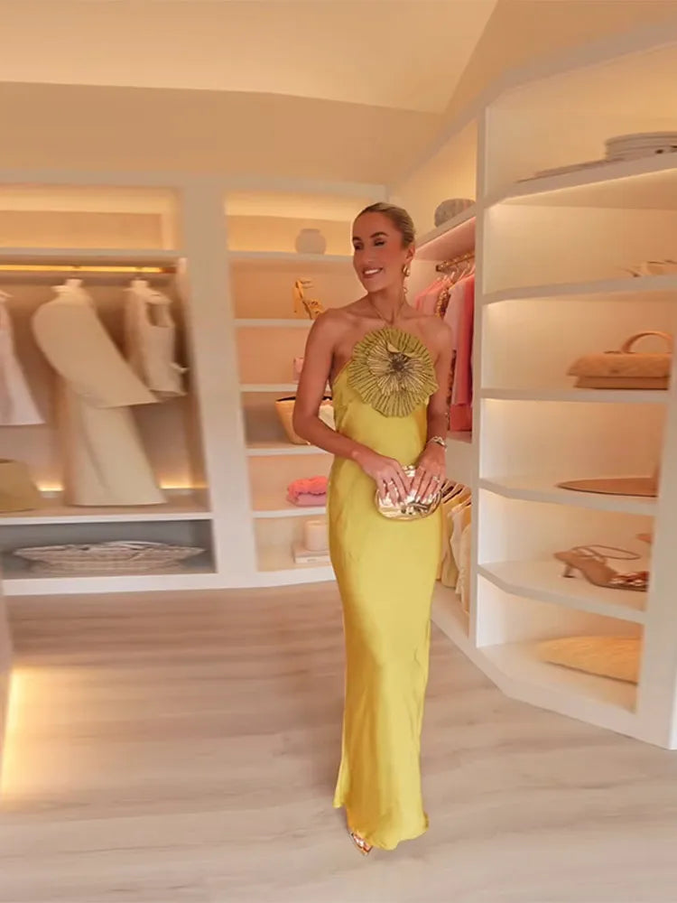 Vestido Aurora di Fiore – Longo Sereia em Cetim com Flores 3D