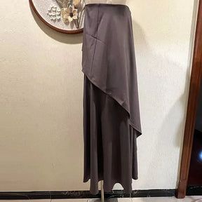 Conjunto Feminino Elegante Calandra – Tom Sólido com Top Tomara-que-Caia Assimétrico e Saia Longa Solta