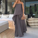 Conjunto Feminino Elegante Calandra – Tom Sólido com Top Tomara-que-Caia Assimétrico e Saia Longa Solta