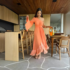 Vestido Elegante Ombro Único Franjas - Renata