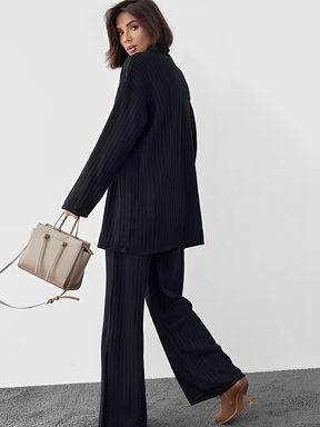 Conjunto Feminino Canelado com Camisa Alongada de Botões e Calça Reta com Elástico - Camila