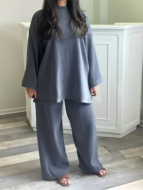 Conjunto Feminino de Veludo Cotelê com Suéter Oversized e Calça Wide Leg – Indira