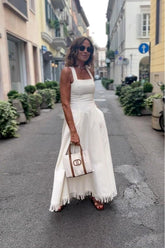 Vestido Longo Boho Branco com Franjas e Bolsos